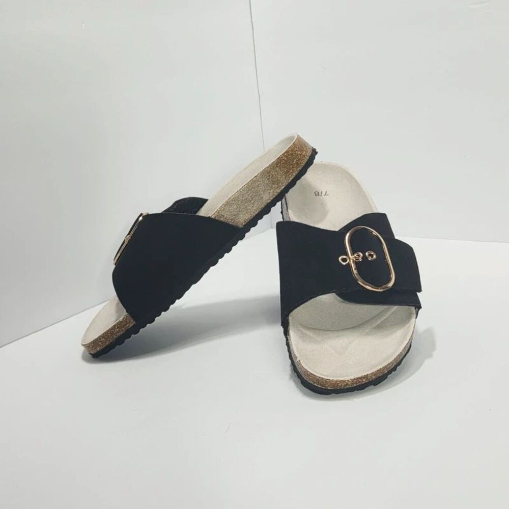 Black Slide Sandals with Gold Buckle Detail
